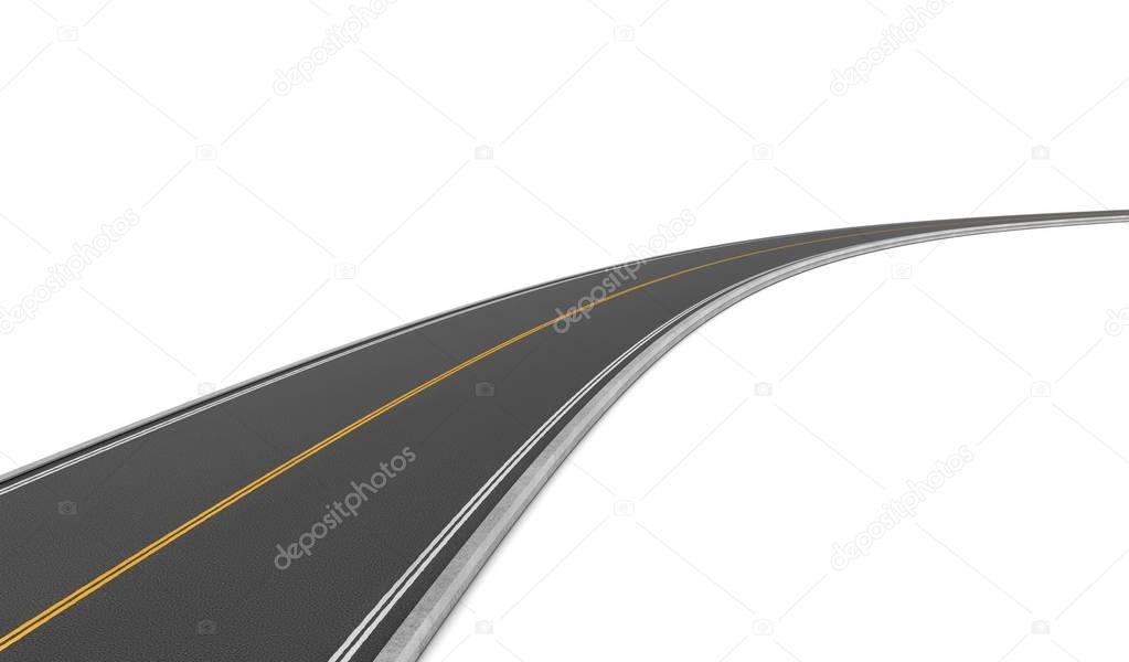 Rendering of two-way road bending to right on white background.