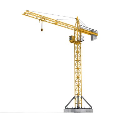 Sarı kule vinç tam yükseklikli beyaz arka plan üzerinde izole render.