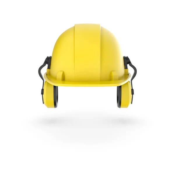Wiedergabe des gelben Helms mit Kopfhörern isoliert auf weißem Hintergrund. — Stockfoto