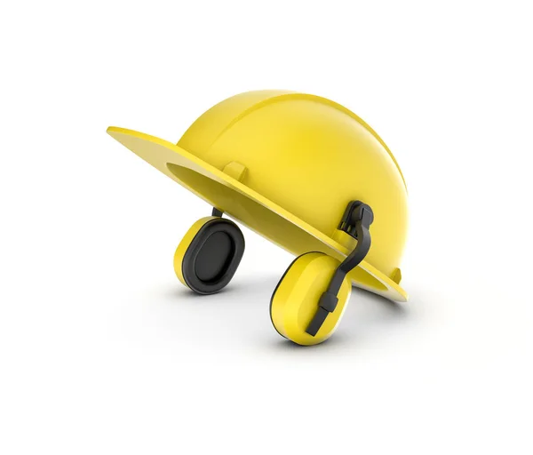 Rendering of yellow helmet with earphones isolated on the white background. — Stock Photo, Image