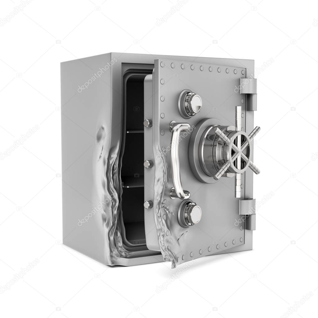 Rendering of open safe box with its door broken isolated on white background.
