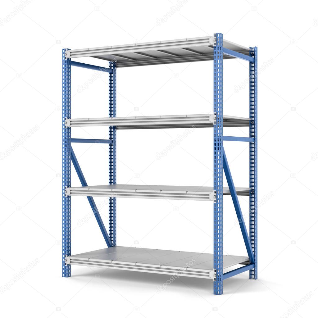 Rendering of metal rack with four shelves, isolated on a white background