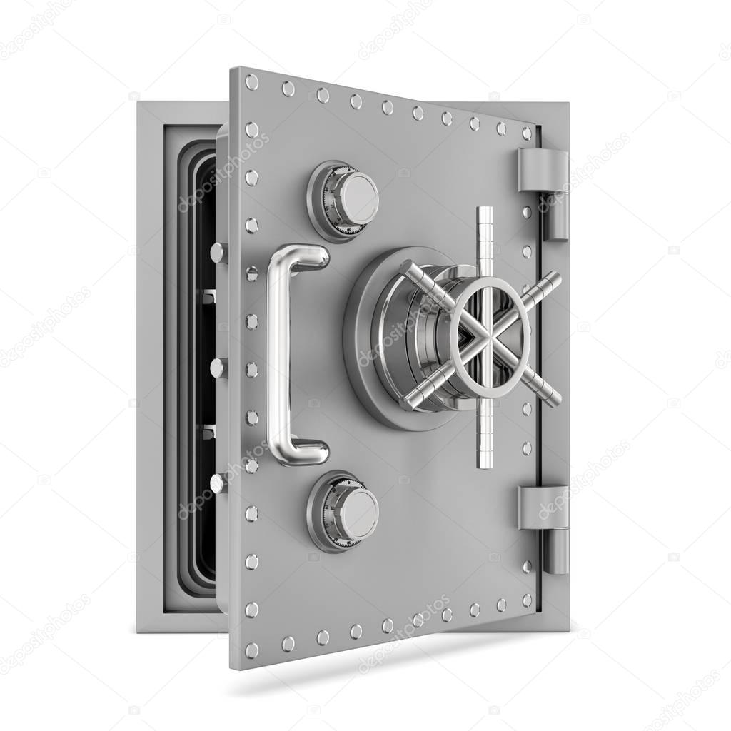 Rendering of steel safe box with open door, isolated on white background