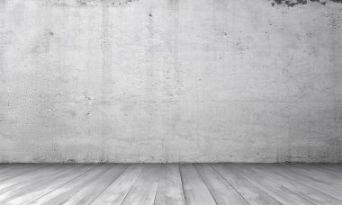 İç beyaz beton duvar ve ahşap zemin ile render.