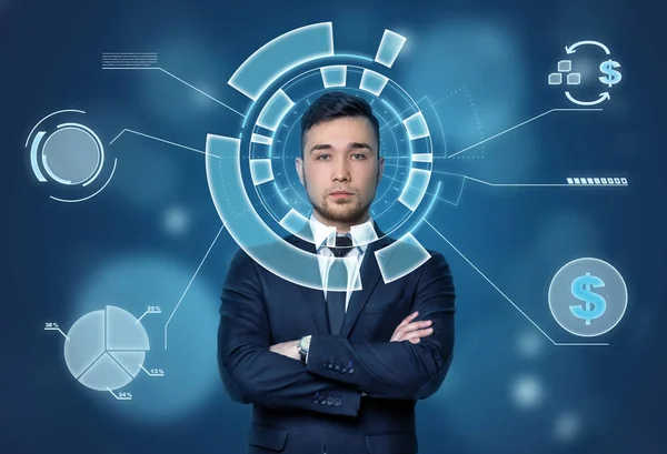 Face of businessman seen through the digital financial diagram with dollar sign. — Stock Photo, Image