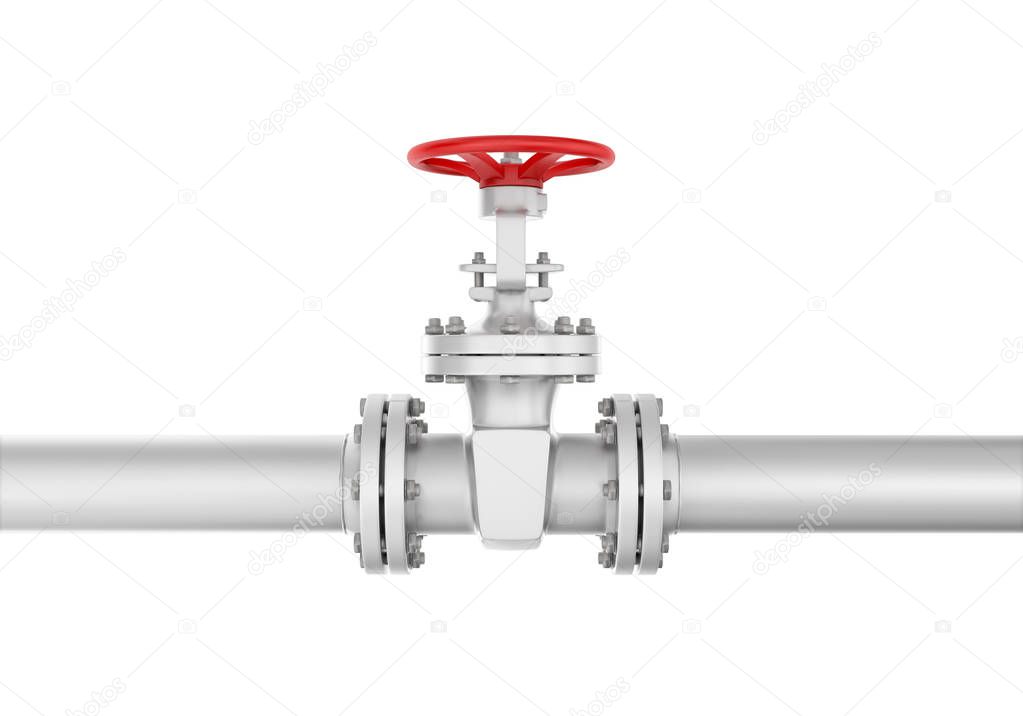 Rendering metal valve on curved pipe, isolated white background.