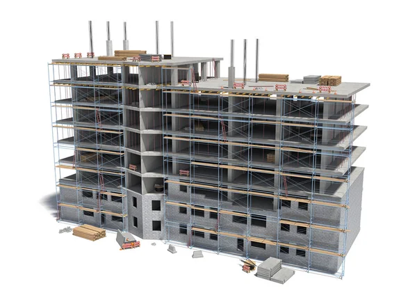 Rendering van gebouw in aanbouw met steigers en andere uitrusting. — Stockfoto