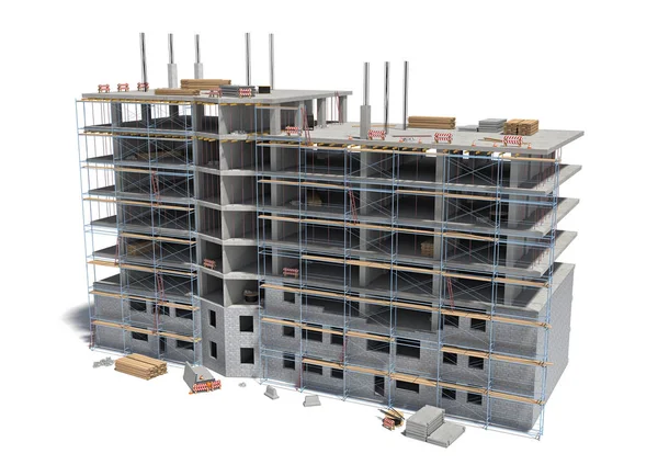 Rendering of building under construction with scaffolding and different equipment.