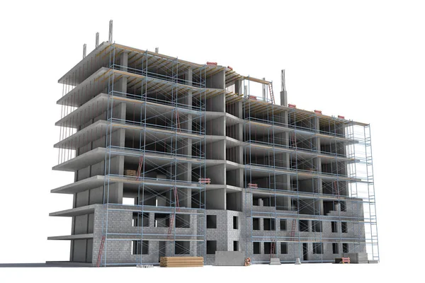 Rendering of building under construction with scaffolding and different equipment.