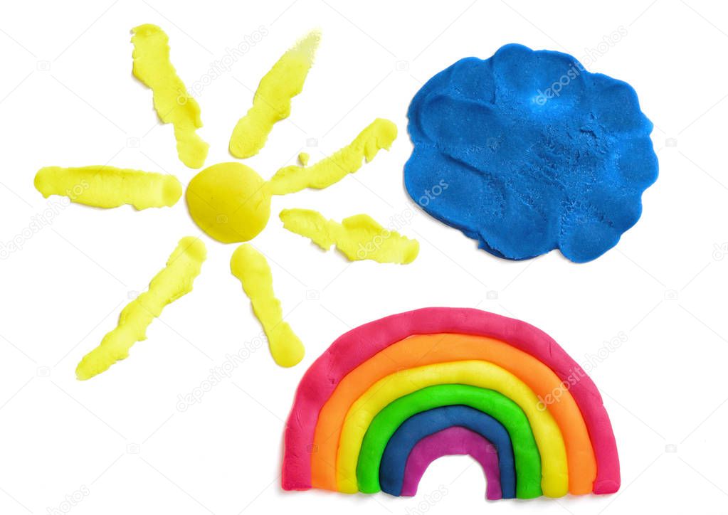 Yellow sun, blue cloud and rainbow made of plasticine, isolated on the white background.