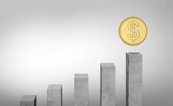 Weergave van grijze kolommen staan in oplopende volgorde en een munt boven het hoogste — Stockfoto
