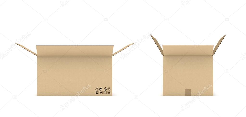 Rendering of open cardboard mail box isolated on a white background