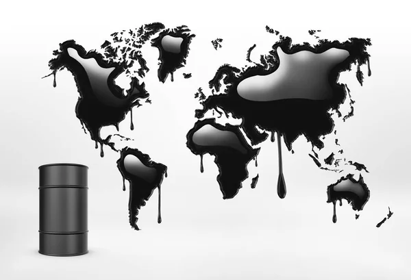 Rendering of geographical mapcolored in black and oil barrel on the white background — Stock Photo, Image