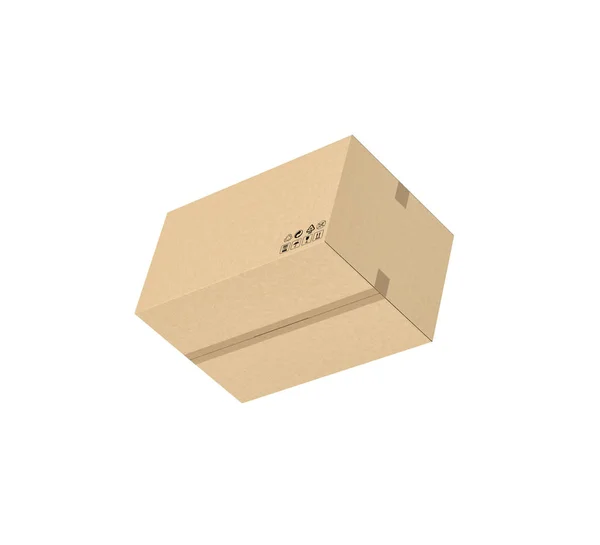 Renderização de caixa de papelão bege claro fechado gravado com fita adesiva, isolado no fundo branco . — Fotografia de Stock