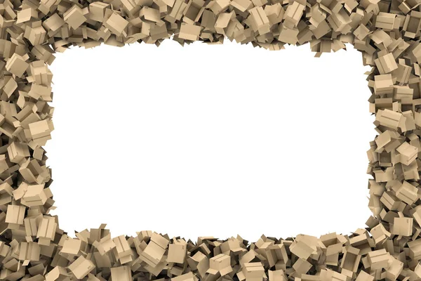 Renderização quadro retangular feito de caixas de correio de papelão bege luz deitado nas bordas com espaço vazio branco no meio . — Fotografia de Stock