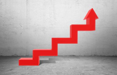 Gri beton zemin üzerine yukarıyı gösteren büyük kırmızı morluk ok