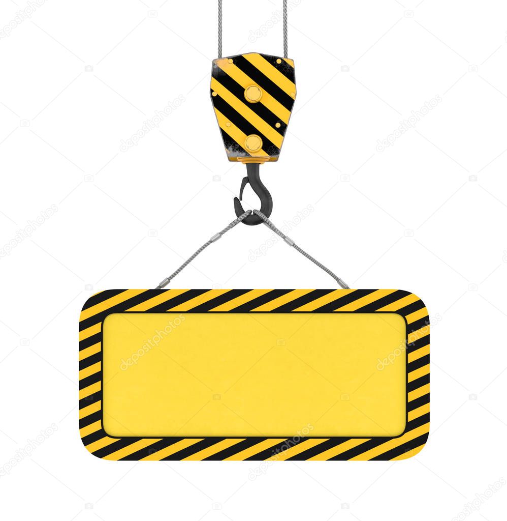 Rendering of yellow board hanging on hook with two ropes