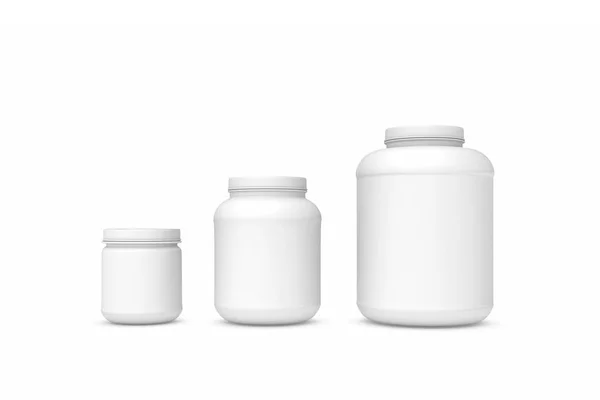 Renderizando três frascos de plástico branco em branco de tamanhos diferentes — Fotografia de Stock