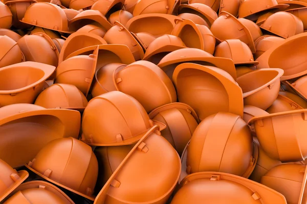 Renderelés végtelen halom narancssárga műanyag munka sisakok. — Stock Fotó