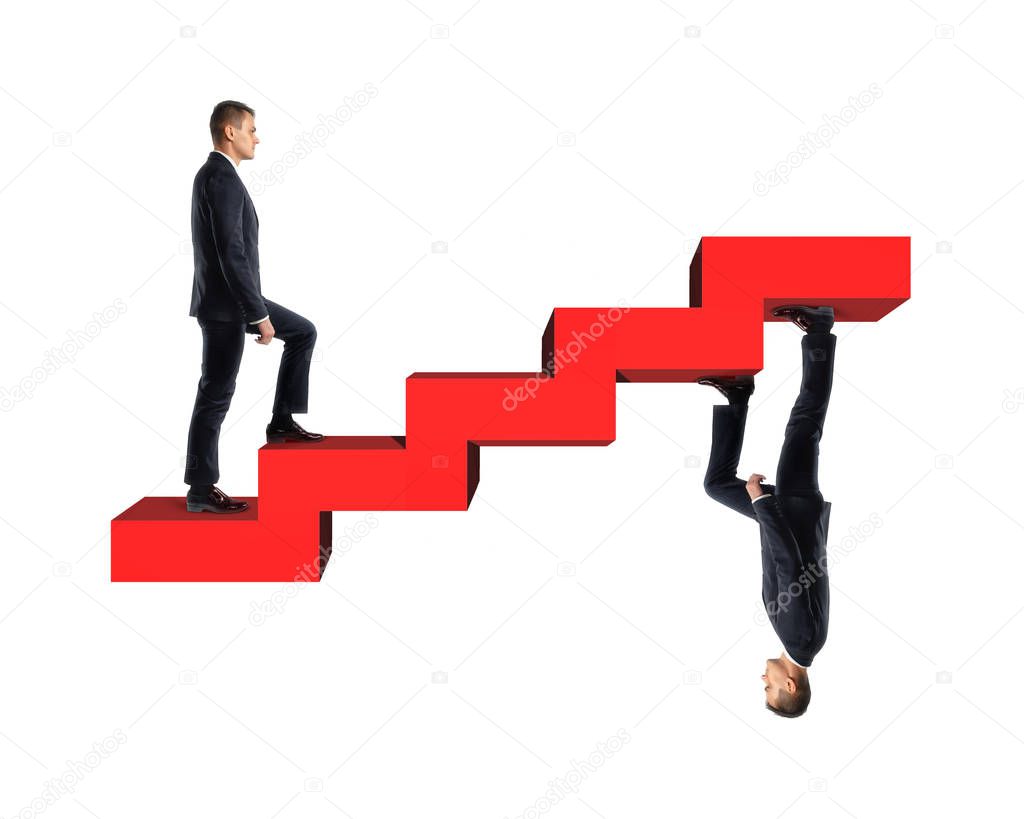 Businessman climbing up model of red stairs with his mirror copy