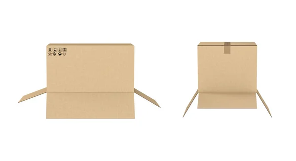 Відтворення двох відкритих картонних коробок різного розміру ізольовані на білому тлі — стокове фото