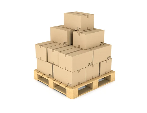 Rendering of several carton boxes stacked evenly on a double-decked pallet — Stock Photo, Image