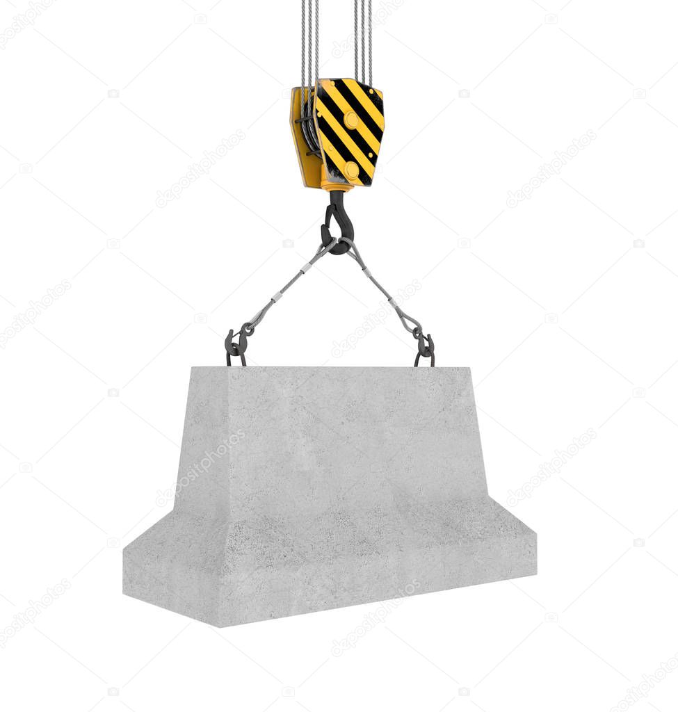 Rendering of concrete block hanging on hook with two ropes