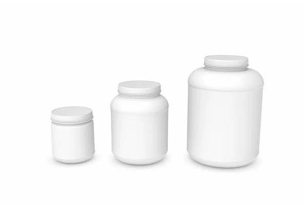 Üres fehér műanyag üvegek három különböző méretű visszaadás — Stock Fotó