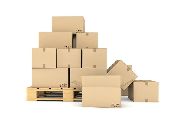 Representación de varias cajas de cartón apiladas uniformemente en una plataforma de dos pisos — Foto de Stock