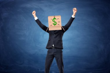 Başının üzerinde çizilmiş dolar işareti olan karton kutu giyen işadamı