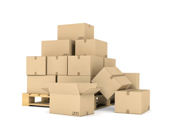 Representación de varias cajas de cartón apiladas uniformemente en una plataforma de dos pisos — Foto de Stock
