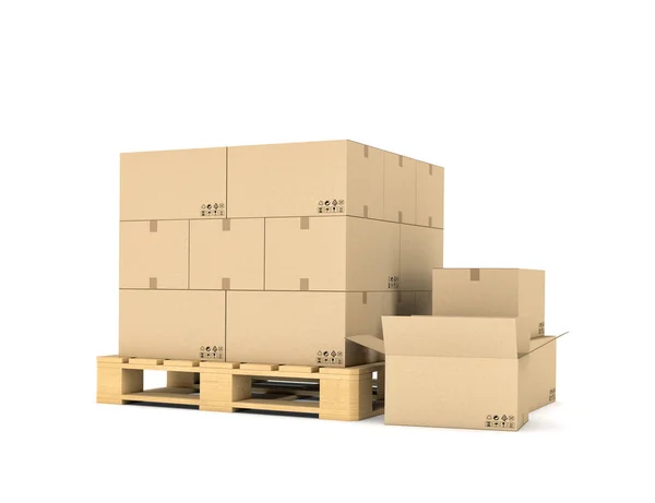 Rendering of several carton boxes stacked evenly on a double-decked pallet — Stock Photo, Image