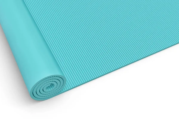 Renderização de esteira de ioga meio laminada azul de perto no fundo branco . — Fotografia de Stock