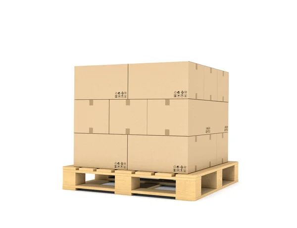 Rendering of several carton boxes stacked evenly on a double-decked pallet — Stock Photo, Image