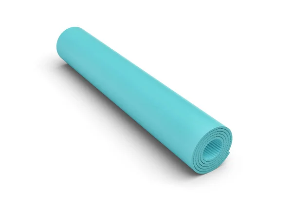 Renderização de azul enrolado tapete de ioga no fundo branco . — Fotografia de Stock