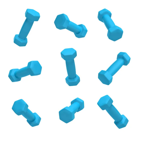 3D renderização de nove pequenos halteres azuis em diferentes vistas sobre fundo branco . — Fotografia de Stock