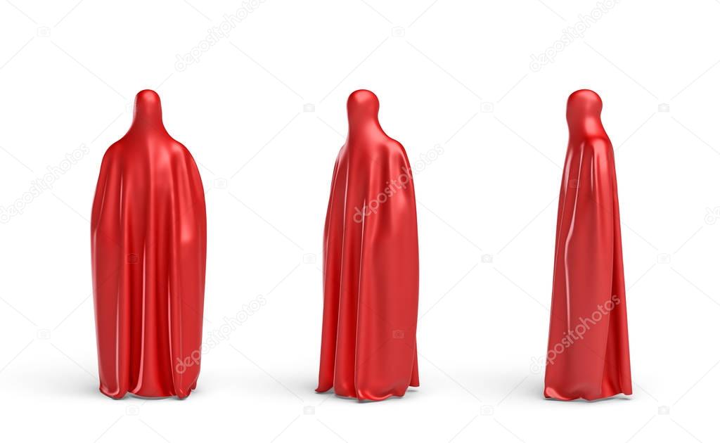 3d rendering of a full height human silhouette covered by red cloth in front, side and 45 degrees view.
