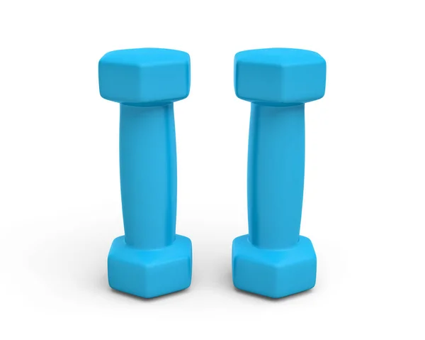 Renderização par de halteres de peso leve azul isolado no fundo branco . — Fotografia de Stock
