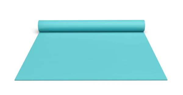 Wiedergabe der blauen halb gerollten Yogamatte isoliert auf weißem Hintergrund. — Stockfoto