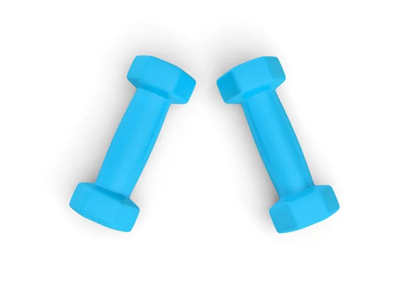 Renderização par de halteres de peso leve azul isolado no fundo branco . — Fotografia de Stock