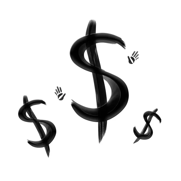 Zwart geschilderd dollartekens en hand drukt geïsoleerd op witte achtergrond. — Stockfoto