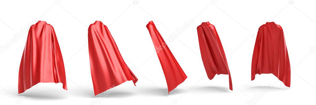 3d rendering of a red cape draped over invisible silhouette in five different points of view.