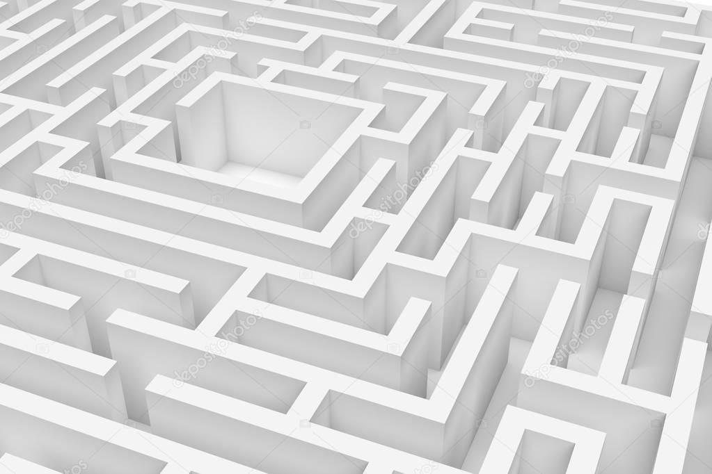 3d rendering of a white square maze in close up view on white background.