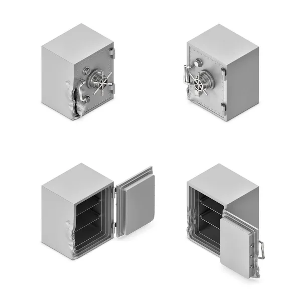Representación 3d de una caja de seguridad de metal roto en estado abierto y cerrado en vista isométrica de doble cara . —  Fotos de Stock