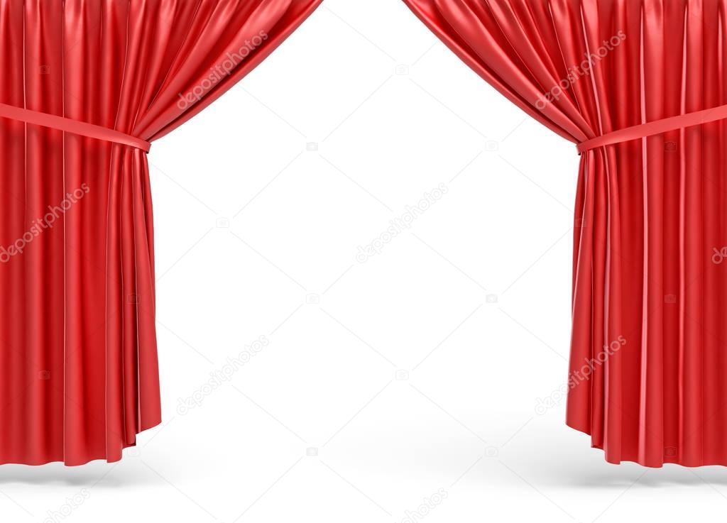 3d rendering of red opened stage curtains on white background.