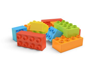 3D render birkaç renkli oyuncak tuğla beyaz arka plan üzerinde yalan.