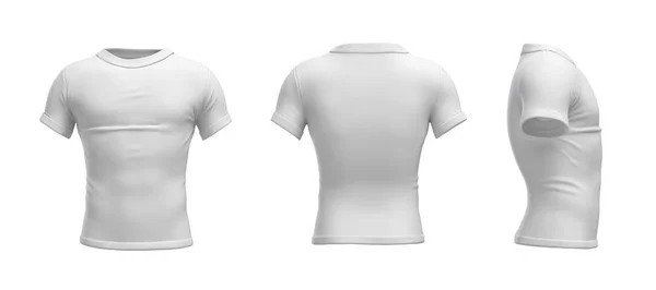 Representación 3d de una camiseta blanca en forma delgada realista en vista lateral, frontal y posterior sobre fondo blanco . —  Fotos de Stock