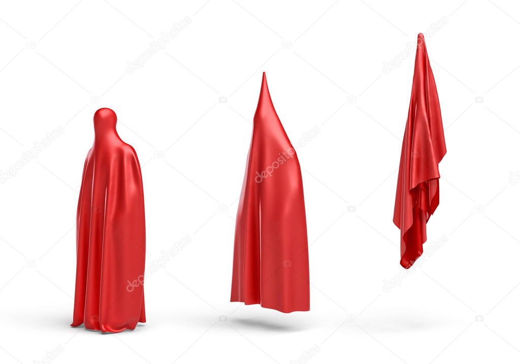 3d rendering of a human silhouette covered by red cloth shown in 3 stages.