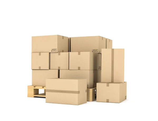 Representación de varias cajas de cartón apiladas uniformemente en una plataforma de dos pisos —  Fotos de Stock