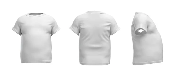 3D-Darstellung eines weißen T-Shirts in realistischer Fettform in Seiten-, Vorder- und Rückansicht auf weißem Hintergrund. — Stockfoto